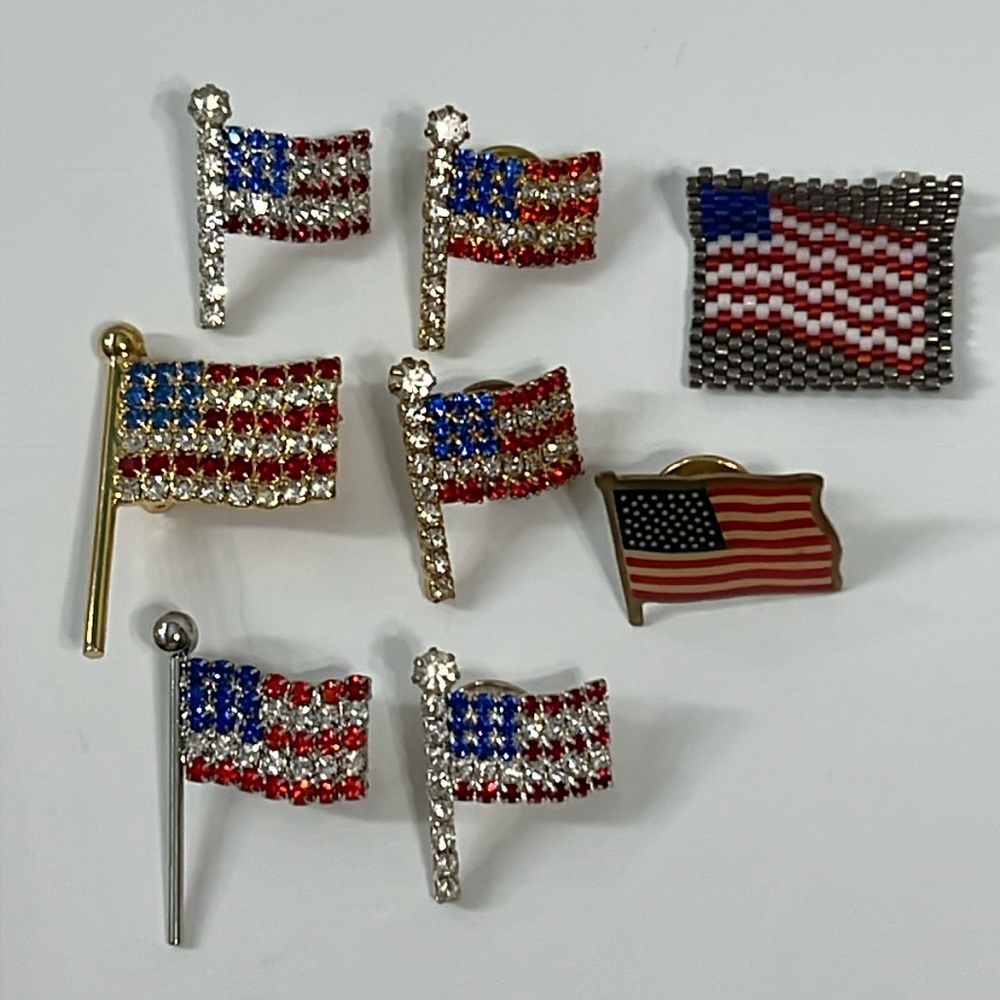 Lot of 8 American Flag Pins Rhinestones America Red White Blue